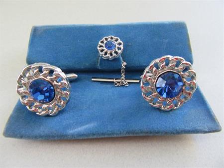 Vintage Royal Blue Rhinestone Cufflinks  Cuff Linksand Tie Tac Set Old Stock Never Worn Mens Jewelry Shirt Accessories