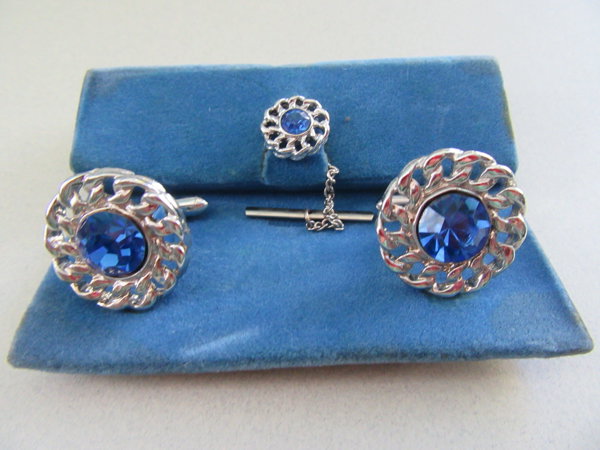 Vintage Blue Rhinestone Cufflink Set Mens Jewelry 
