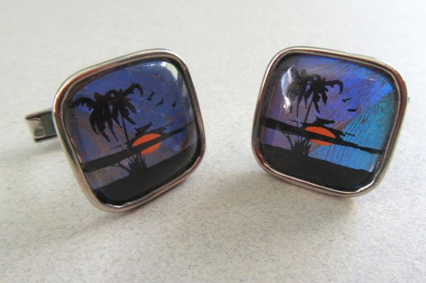 Vintage Morpho Butterfly Wing Palm Tree Cufflinks Mens Jewelry 