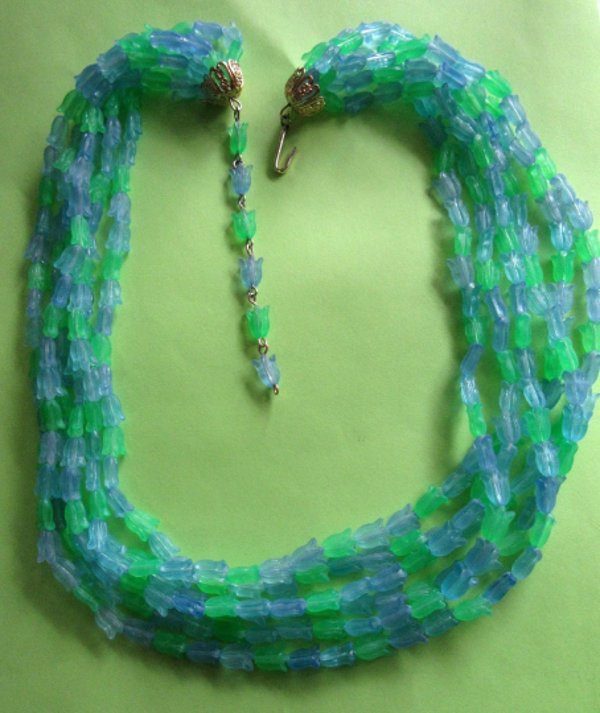Mod 1960's Tulip Necklace Japan Blue and Green Vintage Jewelry Spring 