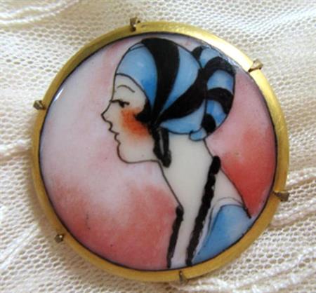 1920's Art Deco Girl Pin Hand Painted Porcelain Vintage Jewelry