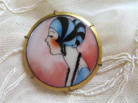 1920's Art Deco Flapper Girl Pin Brooch Hand Painted Porcelain Antique Costume Jewelry Diva Girl Power Great Gatsby