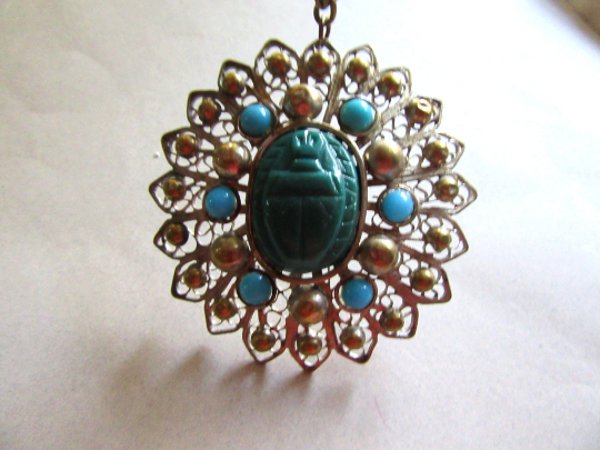 Vintage Scarab Beetle Necklace  Bohemian Egyptian Revival Style