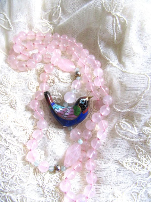 Vintage Rose Quartz Necklace Cloisonne Enameled Bird Stone Beads 