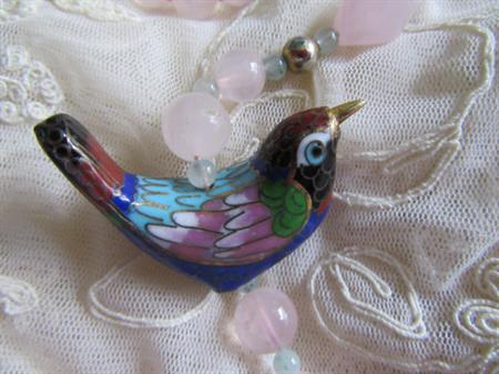 Vintage Rose Quartz Necklace Cloisonne Enameled Bird Stone Beads 