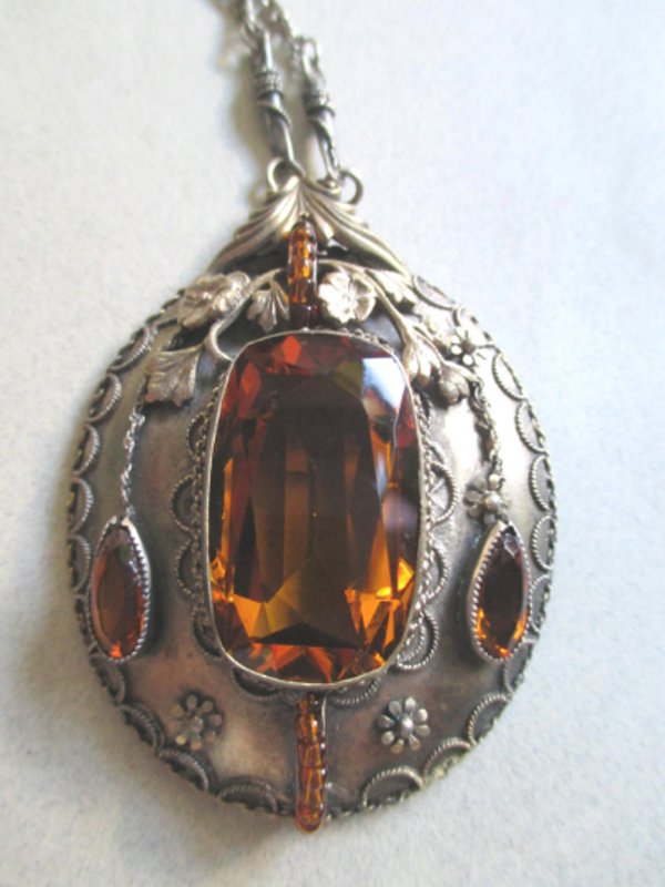 Vintage Amber Rhinestone Necklace Pendant On Chain