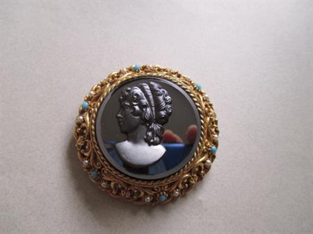 ART Glass Cameo Pin Hematite and Faux Turquoise and Pearl Brooch signed costume jewelry gunmetal white blue