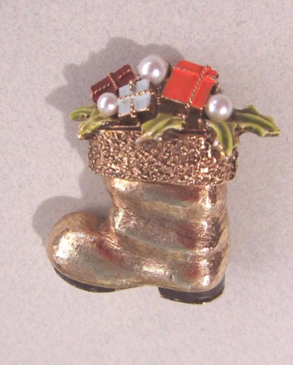 Vintage ART Christmas Pin Santa Boot Signed Vintage Jewelry
