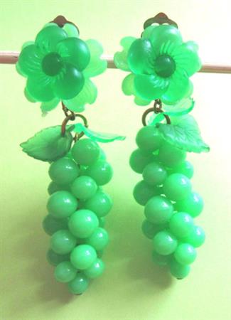 Mod 1960's Grape Flower Earrings Neon Green Clip Ons Old Stock UnWorn '60's Accessories Wine Lover Vintage Costume Jewelry