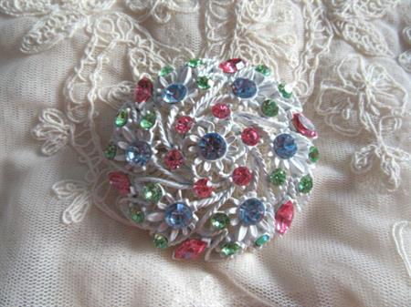 1960's Mod Brooch Pin Pastel Rhinestone Metal Flower Vintage Costume Jewelry Pink Blue Green