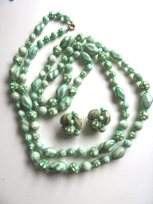 1960s Green Necklace Set Hong Kong Vintage Signed Jewelry