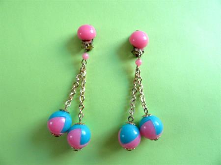 Mod 1960's Blue and Pik Ball Clip On Earrings Hong Kong Vintage Costume Jewelry Twiggy Go Go  Olf Stock Unworn