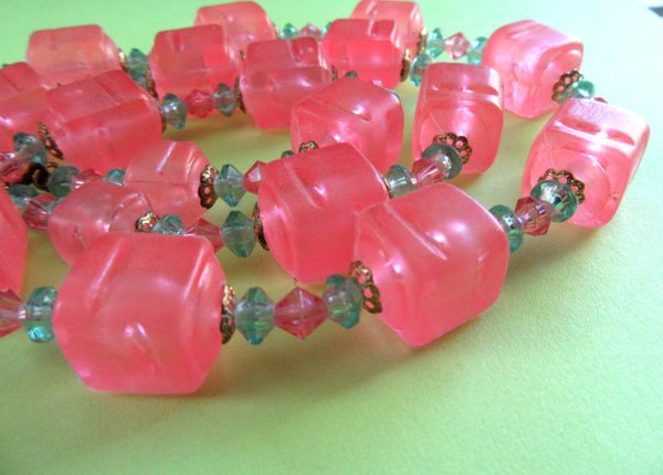 1960's Mod Lucite Necklace Set Pink Green Vintage Jewelry 