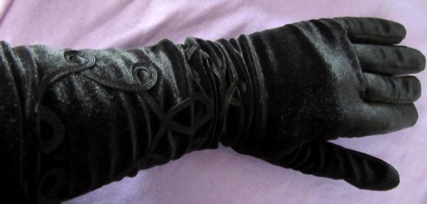 Vintage 1990's Black Velveteen Embroidered Long Gloves Never Worn
