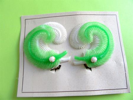 1950's Mid Century Earrings Western Germany Green and White  Feather Clip Ons Old Stock Never Worn Original Card Costume Jewelry '50's Accessories Drag