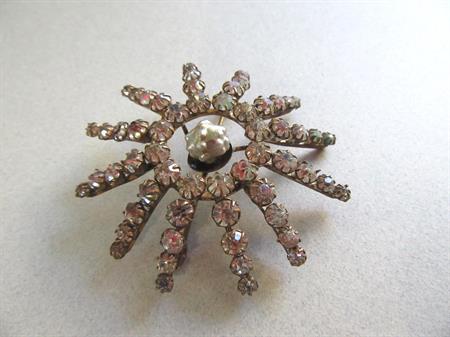 1930's Czech Rhinestone Starburst Pin Brooch Glass Pearl Center Vintage Costume Jewelry Wedding Something Old