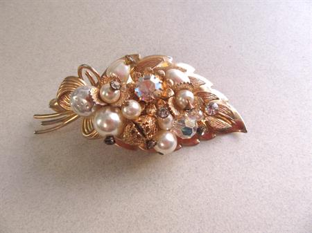 1950's Faux Pearl Rhinestone Cluster Leaf Pin Brooch Vintage Costume Jewelry Wedding Bouquet