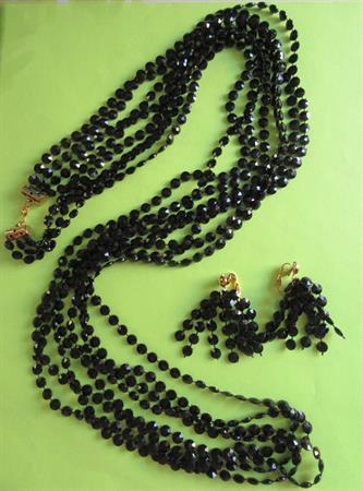 Mod 1960's Mod Long Black Necklace Beads Matching Clip On Earrings Old Store Stock Never Worn '60's Accessories