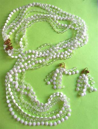 Mod 1960's Mod Long white Necklace Beads Matching Clip On Earrings Old Store Stock Never Worn '60's Accessories