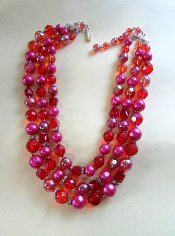 1950's Red Pink Necklace Japan Crystals Lucite Vintage Jewelry