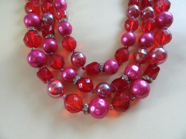 1950's Red Pink Necklace Japan Crystals Lucite Vintage Jewelry