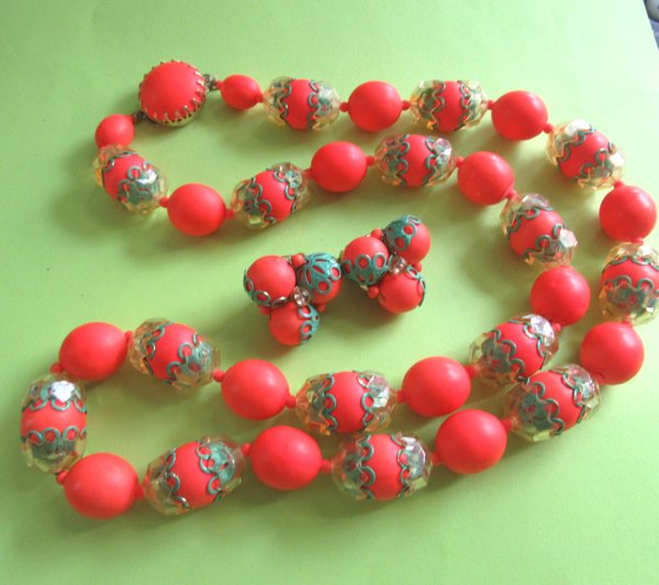 1960's Orange Necklace Set Hong Kong Vintage Jewelry