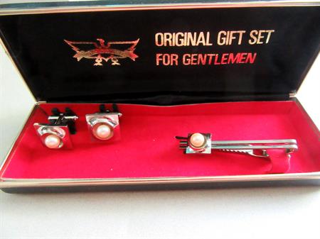 Vintage Faux Pearl Cuff Links Tie Bar Set Old Stock Original Box Cufflinks Men's Jewelry Shirt Accessories