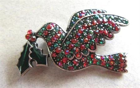 Rhinestone Dove Holly Pin Christmas Holiday Jewelry 