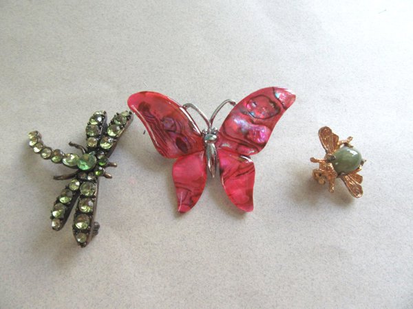 three Vintage Pins Lot Butterfly Dragonfly Bee 