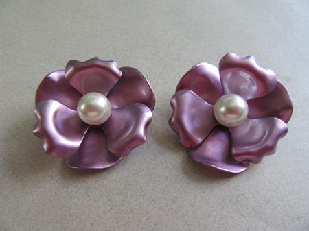 1950's Mid Century Purple Enameled Metal Flower Earrings Vintage Costume Jewelry '50's Accessories