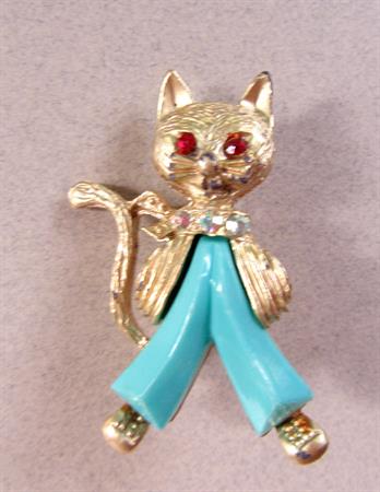 Anthropomorphic 1960's The Cat's Pajamas Pin Brooch Kitty Cat Lover Figural Pin Costume Jewelry Bell Bottoms