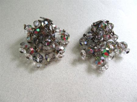 1950's Cha Cha Earrings Smoke Crystal Aurora Borealis Clip On Destash Vintage Costume Jewelry