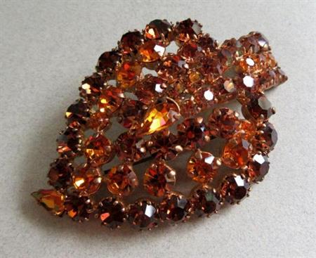 Rhinestone Leaf Pin Austria Signed Jewelry 