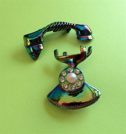 1950's Iridescent Phone Scatter Pin Set Vintage Costume Jewelry Telephone Operator  Figural '50's Accessories