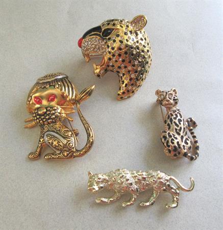 Rhinestone Leopard  and Lion Pin Lot Toledoware Vintage Costume Jewelry Big Cat Figural Leo Birthday