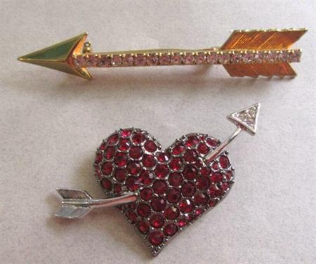 Red Rhinestone Heart And Arrow Pins Vintage Jewelry