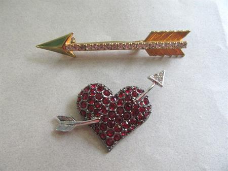 Red Rhinestone Heart Pin with Curvy Arrow I Love You Plus Bonus Vintage Costume Jewelry Valentines Day I Love You Anniversary