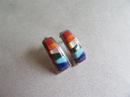 Sterling Silver Earrings Multi Gemstone Rainbow Inlay Pierced Signed DNT Fine Jewelry