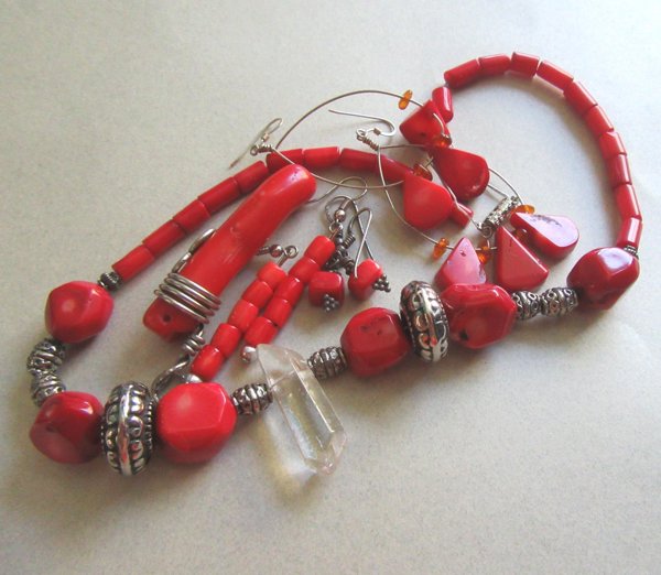 Genuine Red Coral Crystal Necklace Earrings Pendant 