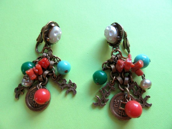 Charm Earrings Genuine Coral and Lucite Vintage Jewelry