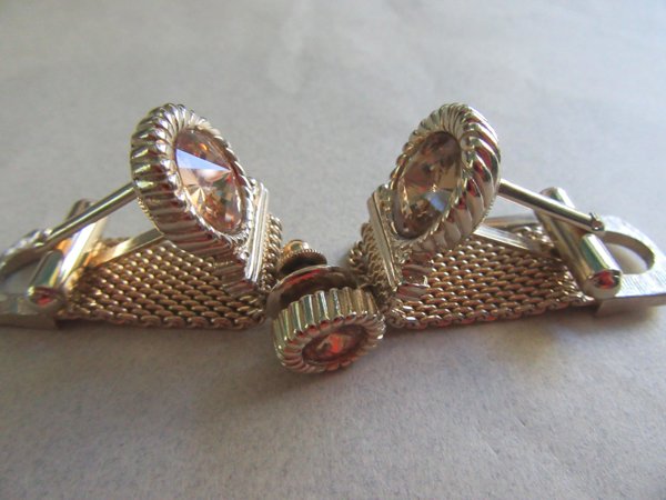 Swank Rivoli Crystal Cufflinks Set Mens Vintage Jewelry