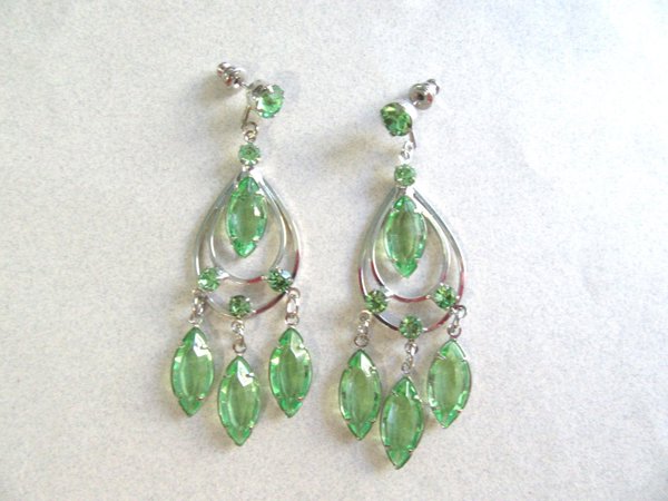 1960's Green Rhinestone Earrings Vintage Jewelry