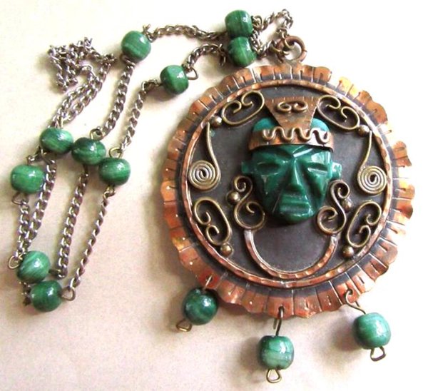 Copper Mayan Mask Stone Necklace Vintage Jewelry Tribal 