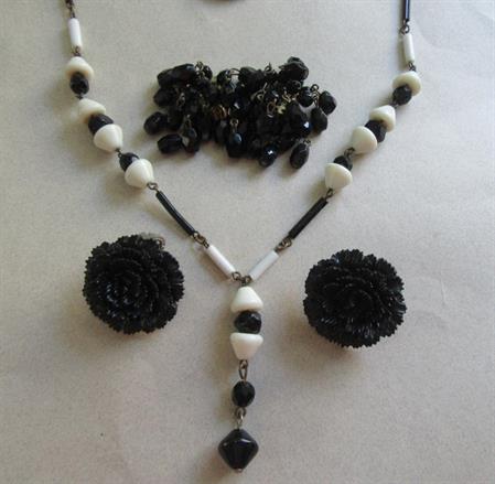 1930's Black and White Glass Necklace Plus Bonus Western Germany Earrings Vintage Costume Jewelry