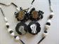 1930's Black and White Glass Necklace Plus Bonus Western Germany Earrings Vintage Costume Jewelry