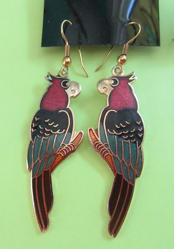 1980's Cloisonné Cockatoo Earrings Vintage Jewelry