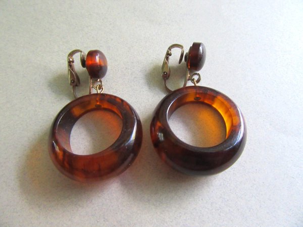 Bakelite Earrings Tortoise Hoops Vintage Jewelry 