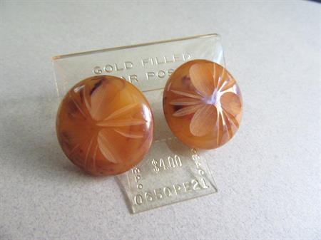 Bakelite Pierced Carved Earrings Floral Design Old Store Stock Original Card Never Worn