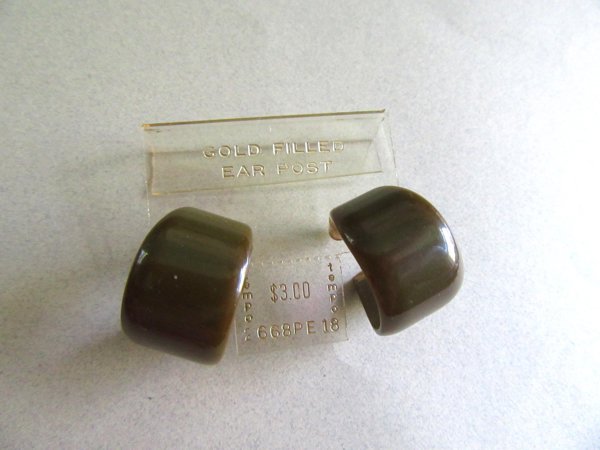 Bakelite Pierced Hoop Earrings Never Worn Dark Avocado