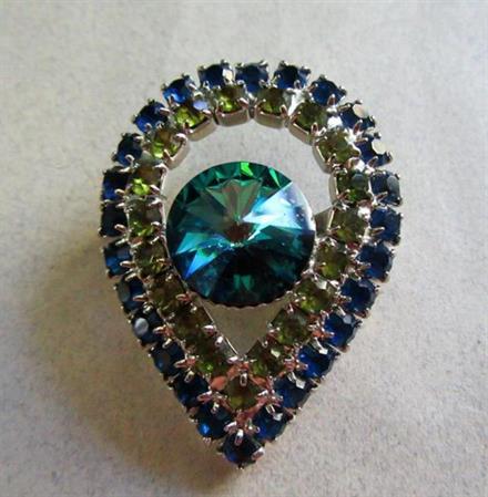 Rhinestone Pin Peacock Eye Crystal Blue Green Vintage Jewelry